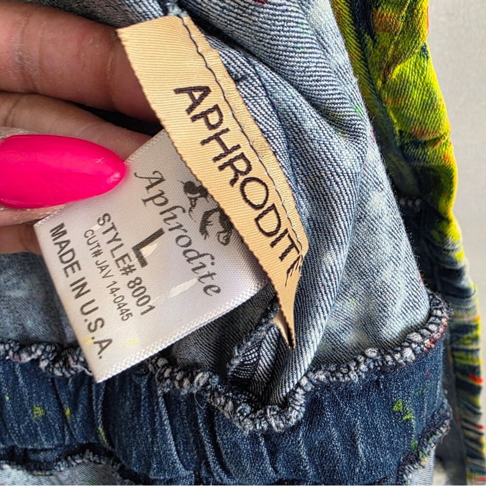Aphrodite Acid Wash Denim Paint Splatter Open Frnt Long Jacket L Distress Hood - Picture 5 of 14